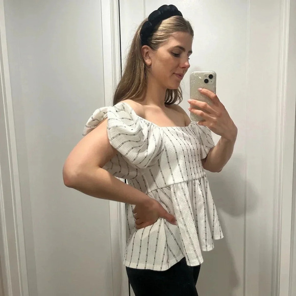 Madewell Puff-Sleeve Empire Top white and black Size  Medium - Picture 7 of 14